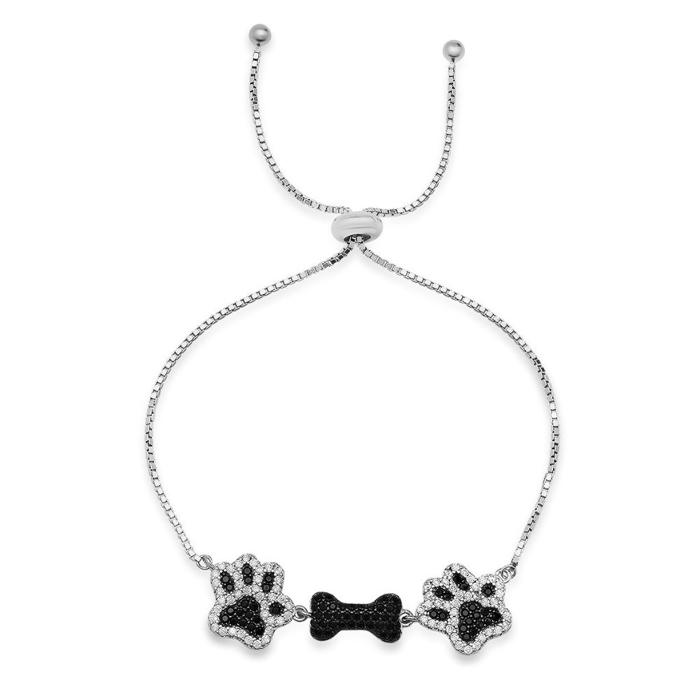Sterling Silver Dog Paw Diamond Adjustable Bracelet